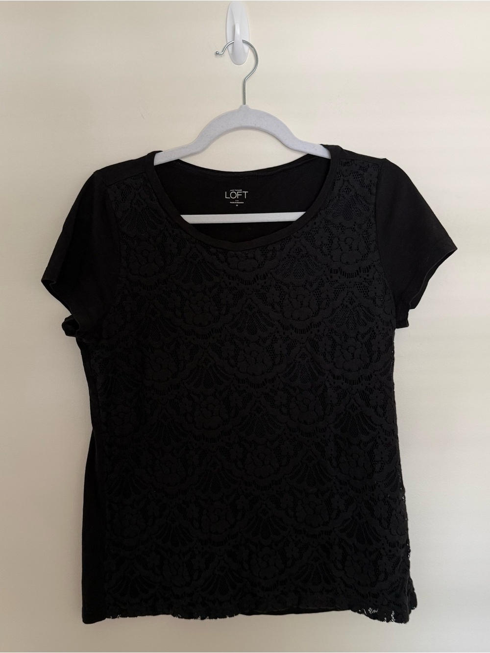 LOFT Black Lace Front Short Sleeve Tee